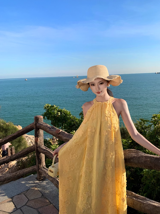 Beach dress yellow jacquard halter neck dress lazy style temperament long dress R0759