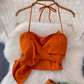 Summer sling holiday style gradient orange tie-dyed skirt knot design niche long skirt two-piece set R0321