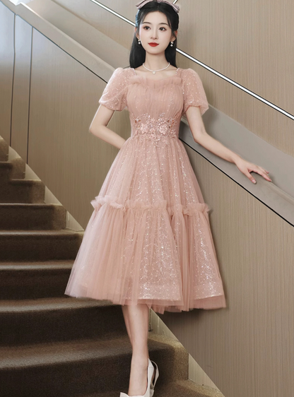 Sweet Pink Prom Dress ,A-Line Square Embroidery Corset Midi Birthday Dress RS899