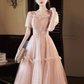 Sweet Pink Prom Dress ,A-Line Square Embroidery Corset Midi Birthday Dress RS899