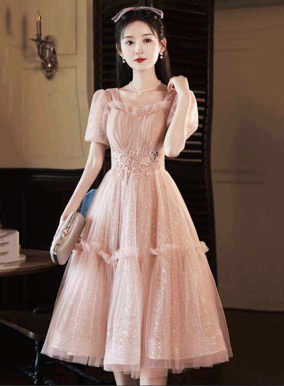 Sweet Pink Prom Dress ,A-Line Square Embroidery Corset Midi Birthday Dress RS899