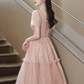 Sweet Pink Prom Dress ,A-Line Square Embroidery Corset Midi Birthday Dress RS899