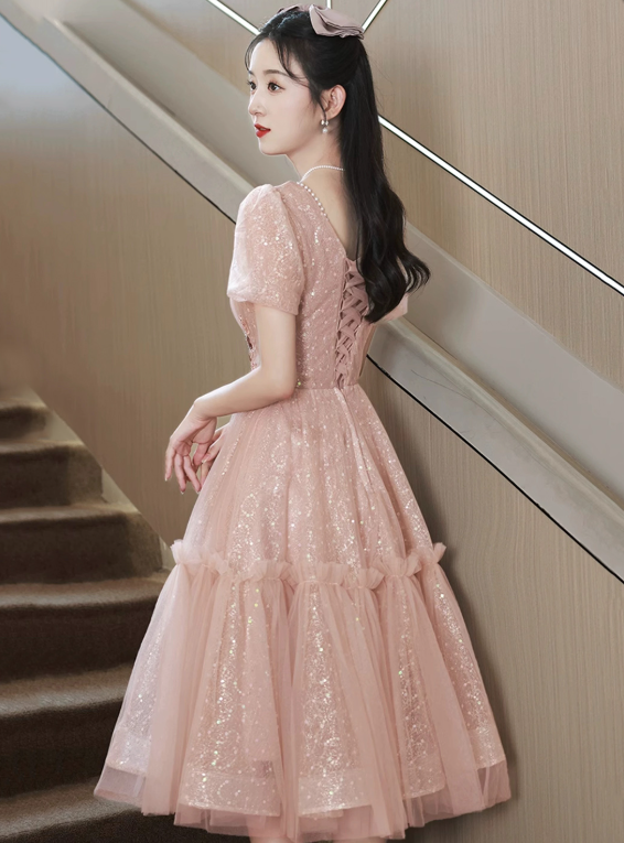 Sweet Pink Prom Dress ,A-Line Square Embroidery Corset Midi Birthday Dress RS899