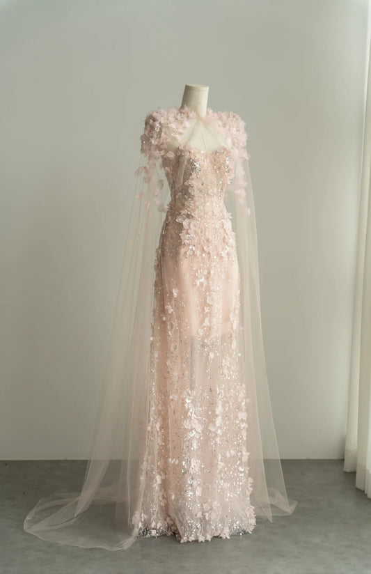 Pink Long Stunning Evening Gowns Prom Party Dresses With Shawl      S6914