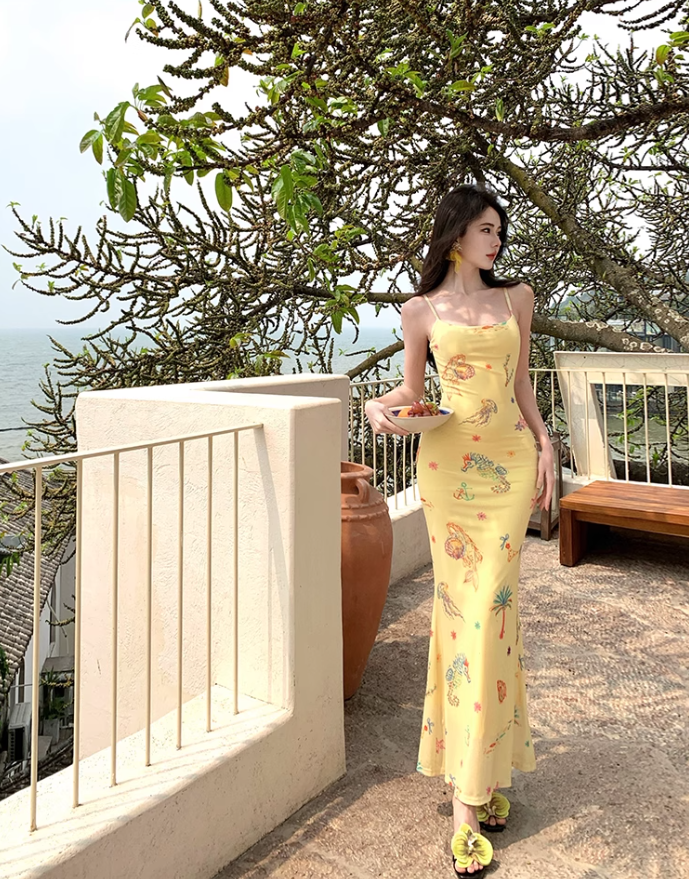 Yellow suspender dress 2025 sexy slim long skirt waist hip skirt R0582