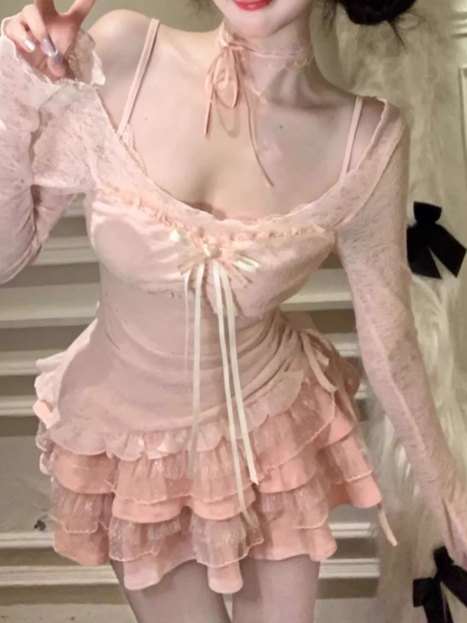 Pure desire style bow knitted blouse 2025 sweet hot girl slim cake skirt suit R1389