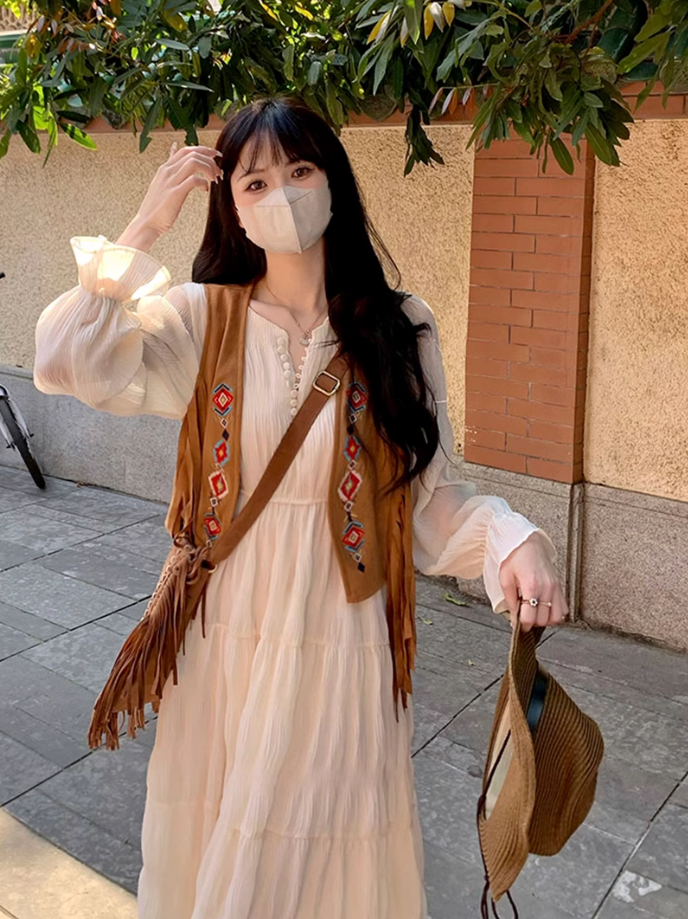 Tea break French style white beach dress waist slimming holiday long dress chiffon dress R1696