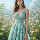 Turquoise floral suspenders low-cut sexy waist slim short skirt homecoming dress R3780