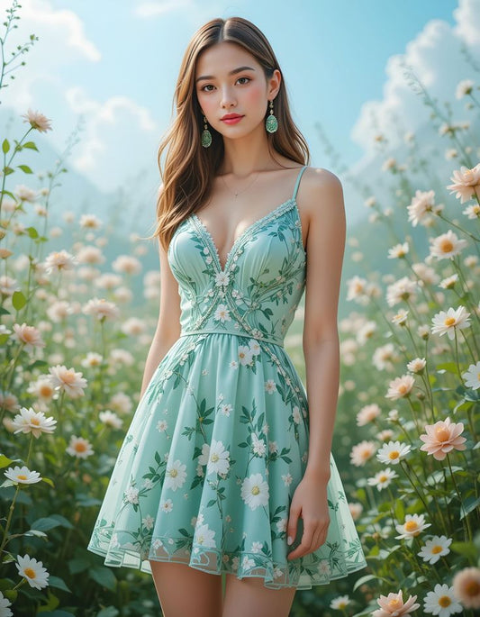 Turquoise floral suspenders low-cut sexy waist slim short skirt homecoming dress R3780