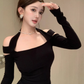 Pure desire style long sleeve halter neck off-shoulder top 2025 large size hip suit R1414