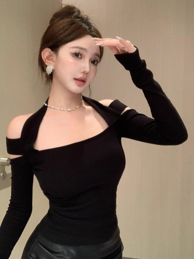 Pure desire style long sleeve halter neck off-shoulder top 2025 large size hip suit R1414