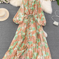 Light luxury temperament lantern long sleeve round neck waist single breasted print elegant dress R0403