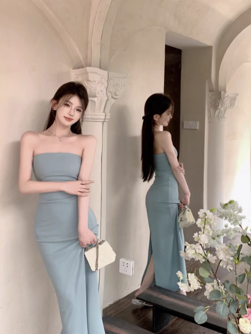 Sexy off-the-shoulder dress with elastic tube top and waist-hugging long skirt for hot girls R1507