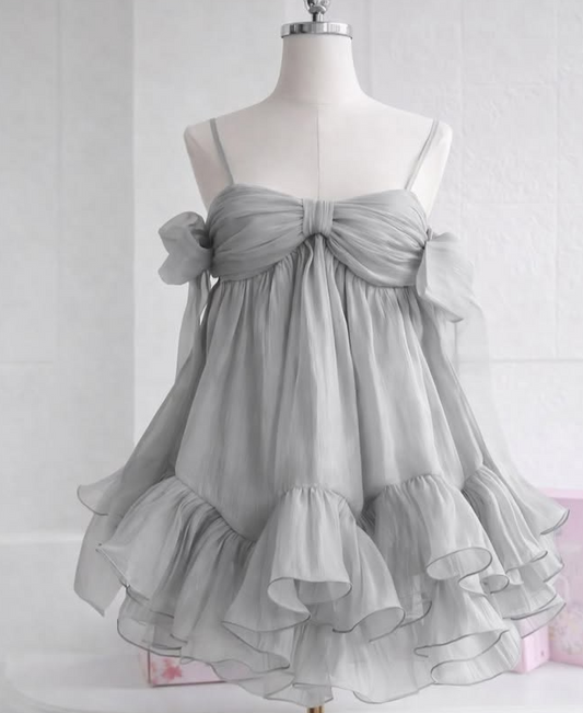 Charming Sliver Ruffled Homecoming Dress ,A-Line Spaghetti Straps Tulle Short Prom Dress Cami Dress RS1132