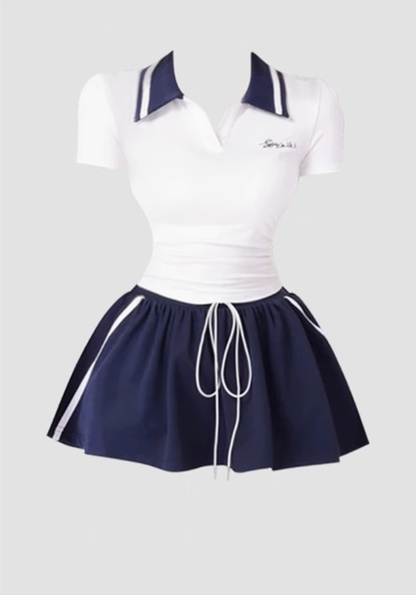 College style short contrast waist T-shirt 2025 sports style A-line skirt suit R1200