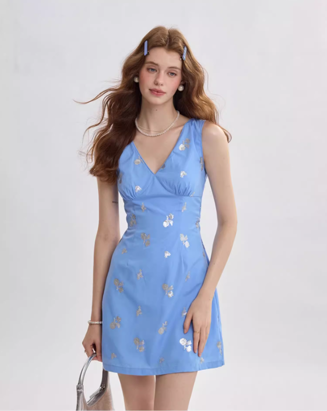 French suspender skirt blue short dress floral skirt R2750