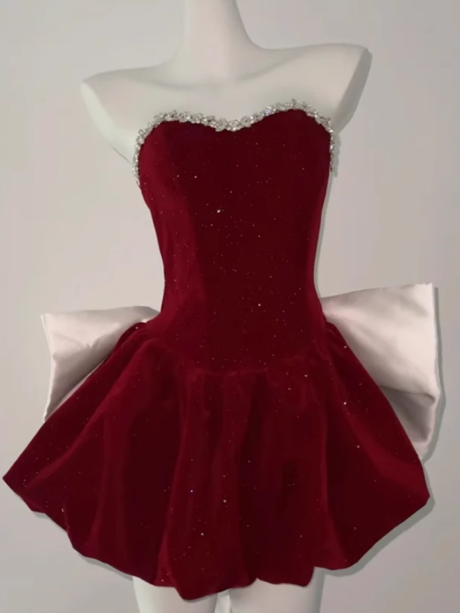 Birthday dress high-end party dress high-end niche temperament tube top velvet dress R1792