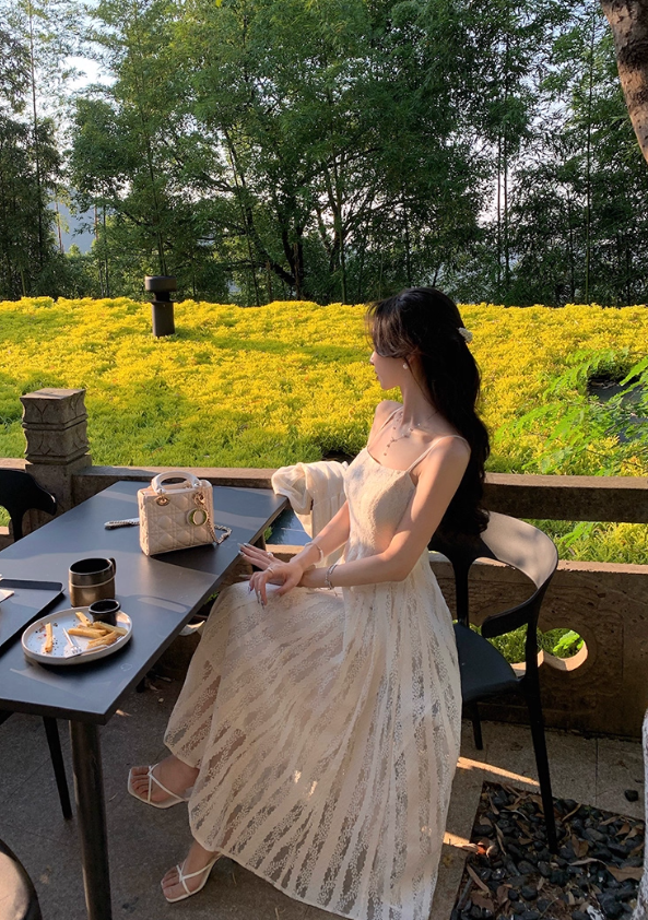 Romantic holiday style suspender dress summer hollow white lace temperament long skirt R4423