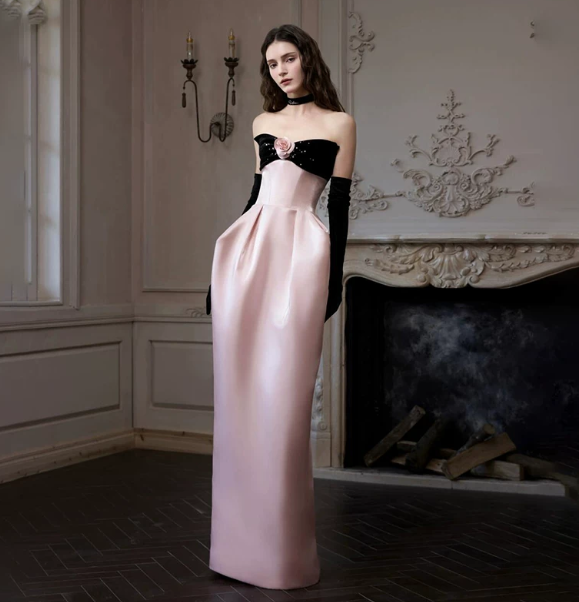 French Chic Black and Pink Prom Dress ,A-Line Strapless Applique Corset Maxi Evening Dress RS1133