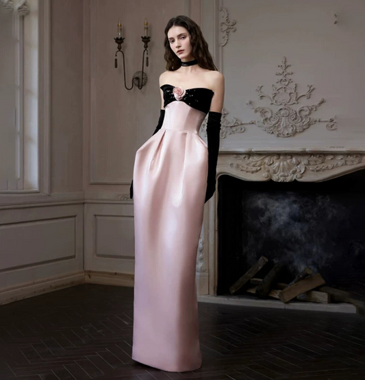 French Chic Black and Pink Prom Dress ,A-Line Strapless Applique Corset Maxi Evening Dress RS1133