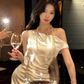 French style swing collar off-shoulder dress 2025 temperament satin fishtail high-end skirt R1479