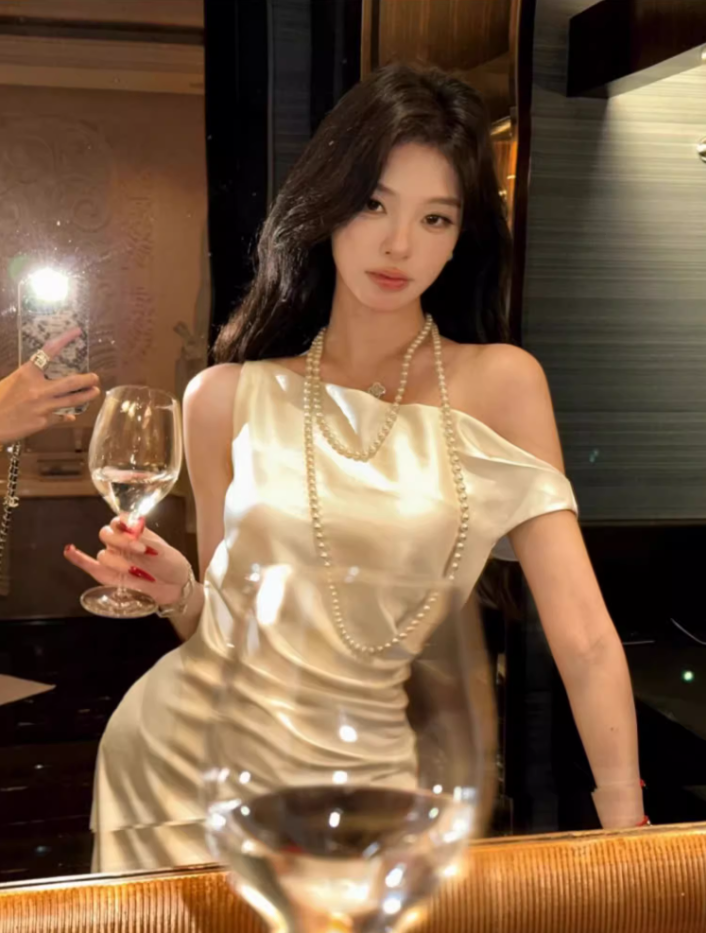 French style swing collar off-shoulder dress 2025 temperament satin fishtail high-end skirt R1479