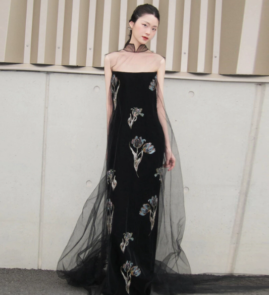 Elegant Black Prom Dress ,Sheath Strapless Floral Pattern Bodycon Maxi Evening Dress RS1134