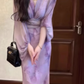 French style gentle temperament purple v-neck dress holiday style beautiful unique waist hip long skirt R0304