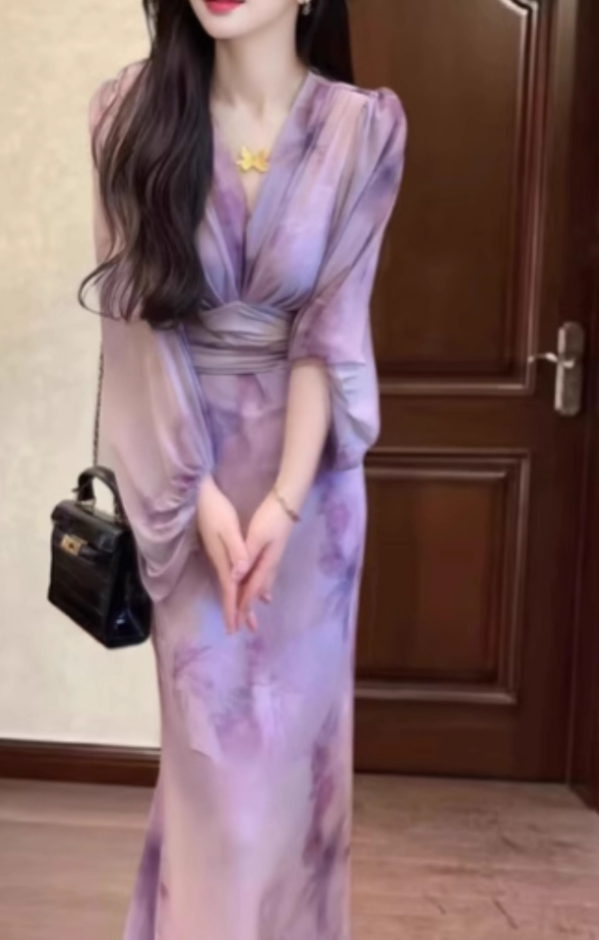 French style gentle temperament purple v-neck dress holiday style beautiful unique waist hip long skirt R0304