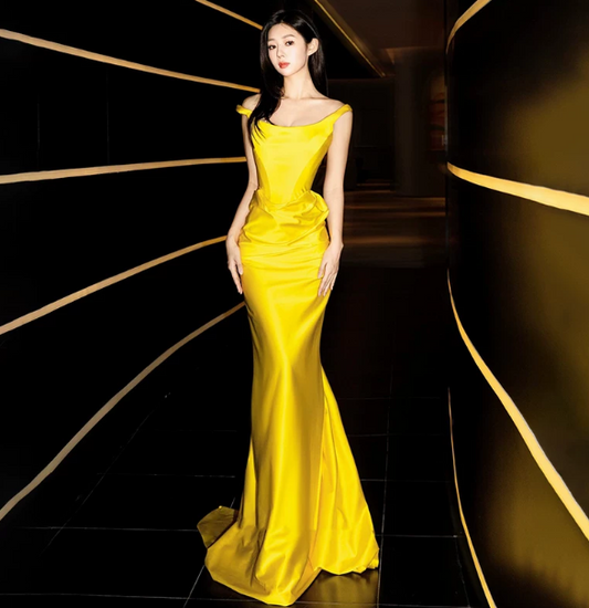 Bright Yellow Prom Dress ,Mermaid Off-the-shoulder Silky Bodycon Maxi Evening Dress RS1135