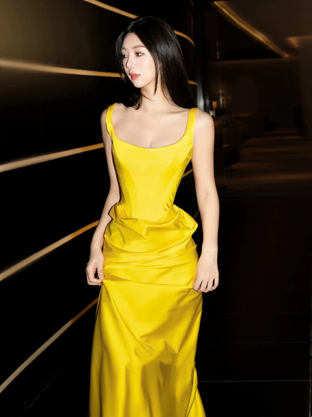Bright Yellow Prom Dress ,Mermaid Off-the-shoulder Silky Bodycon Maxi Evening Dress RS1135