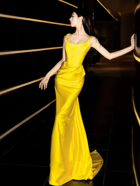 Bright Yellow Prom Dress ,Mermaid Off-the-shoulder Silky Bodycon Maxi Evening Dress RS1135