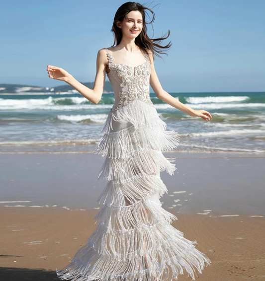 Elegant Ivory Prom Dress ,Sheath Spaghetti Straps Tassel Fringe Bodycon Maxi Evening Dress Cami Dress RS1136