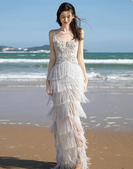 Elegant Ivory Prom Dress ,Sheath Spaghetti Straps Tassel Fringe Bodycon Maxi Evening Dress Cami Dress RS1136