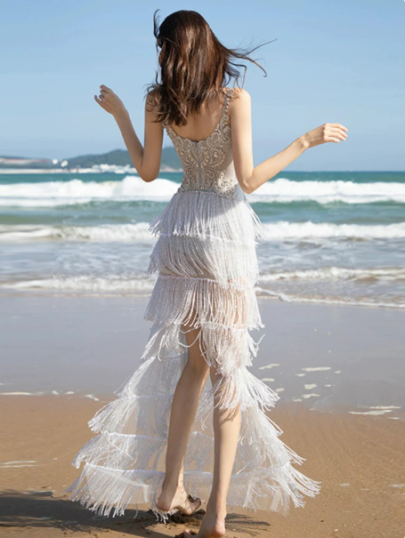 Elegant Ivory Prom Dress ,Sheath Spaghetti Straps Tassel Fringe Bodycon Maxi Evening Dress Cami Dress RS1136