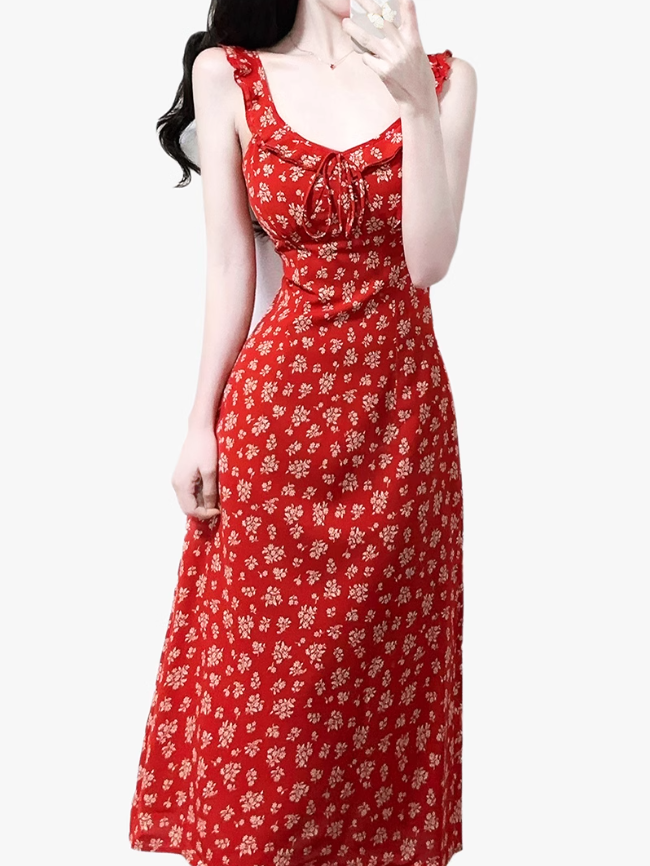 2025 Summer New Red Floral French Style Small Flying Sleeve Seaside Holiday Dress R0929
