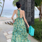 Green halo halter neck backless dress for seaside vacation R1597