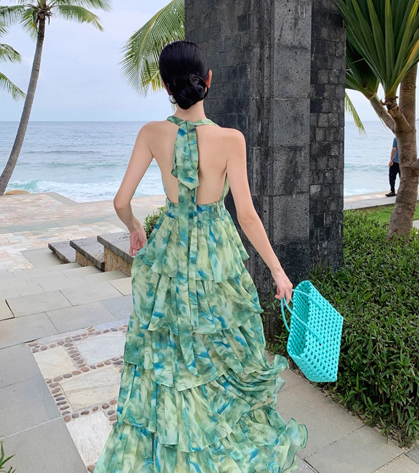 Green halo halter neck backless dress for seaside vacation R1597