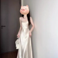 French high-end white satin suspender dress gentle temperament lady waist hip long skirt R0450