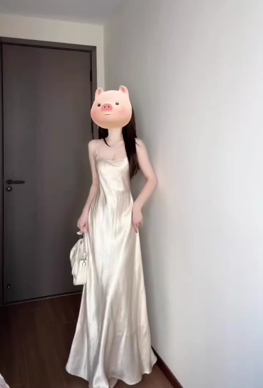 French high-end white satin suspender dress gentle temperament lady waist hip long skirt R0450