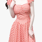 2025 Summer New Red Plaid Square Neck French Short Sleeve High Waist Long Dress R0943