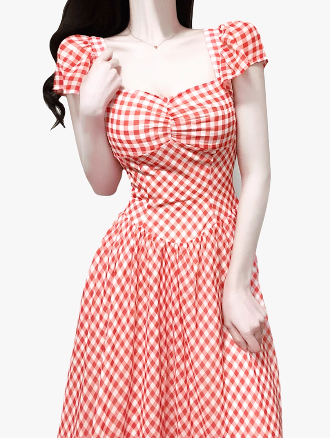 2025 Summer New Red Plaid Square Neck French Short Sleeve High Waist Long Dress R0943