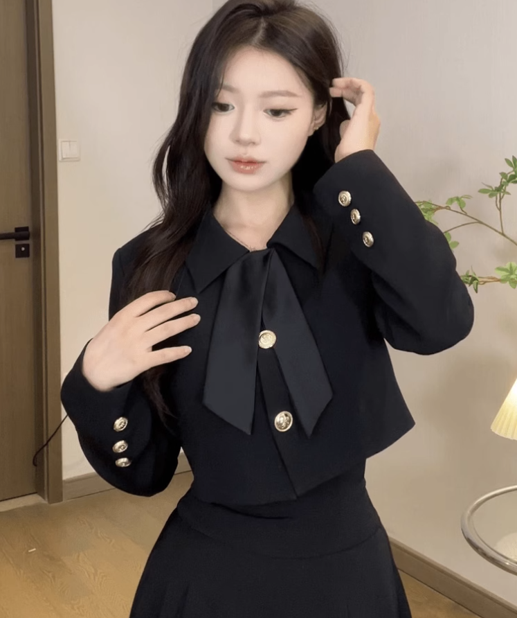 Large size French Hepburn style black short jacket rich daughter high waist A-line skirt suit R1824
