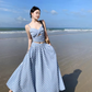 Travel wear women's beach dress backless blue and white plaid skirt a-line suit R1567