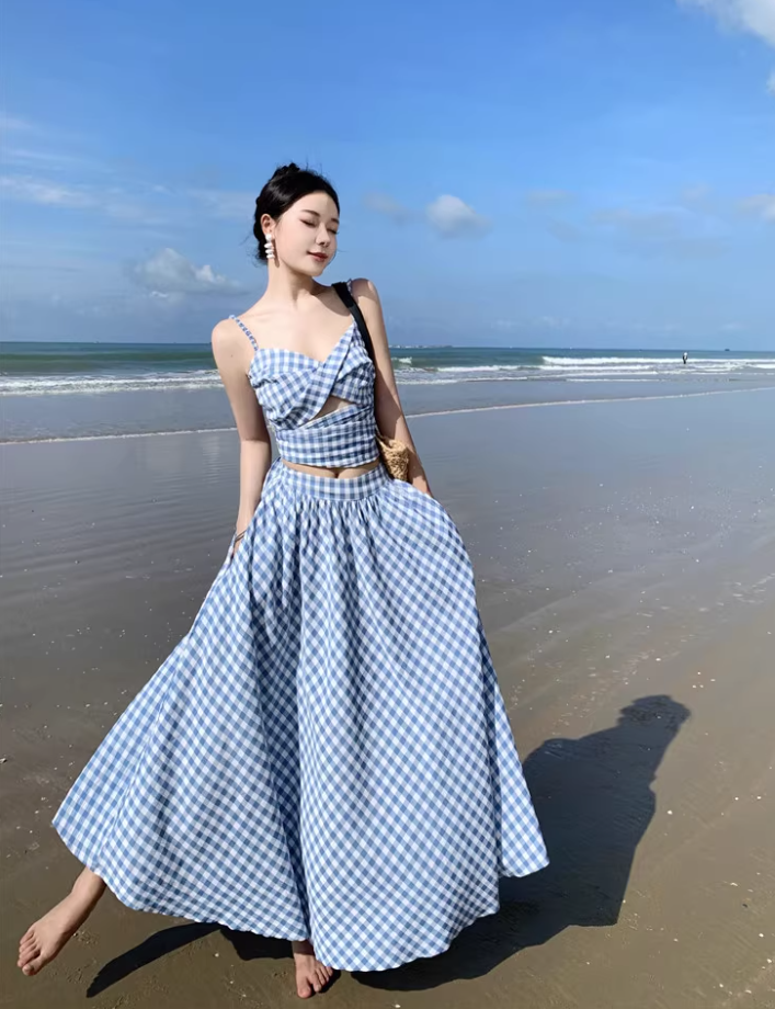 Travel wear women's beach dress backless blue and white plaid skirt a-line suit R1567