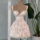 White satin suspenders printed high-end waist slimming A-line short skirt homecoming dress R4084