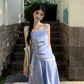 Fairy romantic French blue plaid long skirt tube top temperament design sling dress R1701