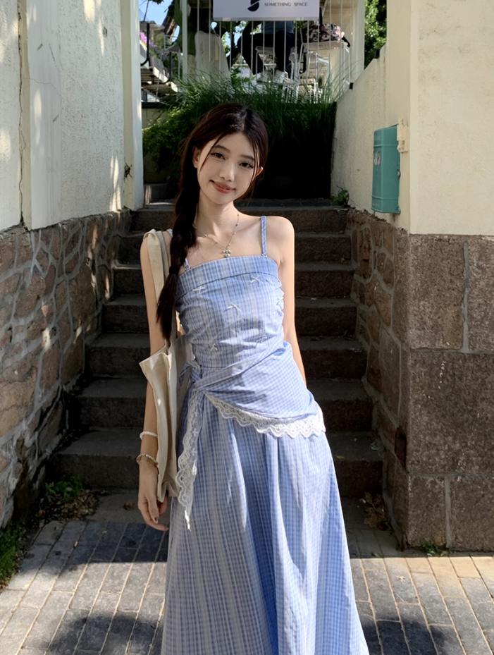 Fairy romantic French blue plaid long skirt tube top temperament design sling dress R1701