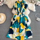 Beach vacation long dress gentle style short sleeves V-neck waist medium length A-line plaid dress R0358