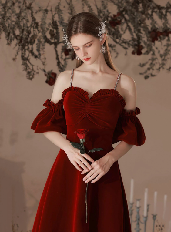 Charming Burgundy Prom Dress ,A-Line Spaghetti Straps Corset Maxi Evening Dress for Women RS900